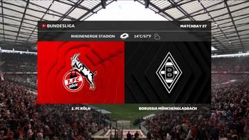 Zapowiedź meczu Bundesligi: 1.FC Koeln kontra Borussia Moenchengladbach. Po lewej stronie logo 1.FC Koeln z kozłem na czerwonym tle, po prawej stronie logo Borussii Moenchengladbach na czarnym tle. Widoczne nazwy stadionów i informacja o dniu meczowym.