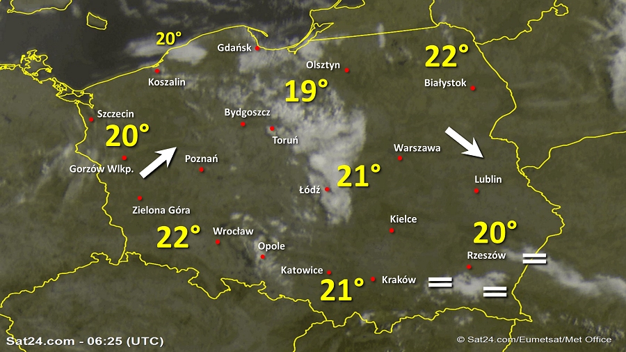 Zdjęcie satelitarne Polski w dniu 25 lipca 2019 o godzinie 8:25. Dane: Sat24.com / Eumetsat.