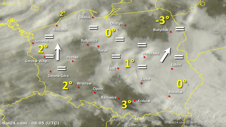 Zdjęcie satelitarne Polski w dniu 15 lutego 2020 o godzinie 9:05. Dane: Sat24.com / Eumetsat.