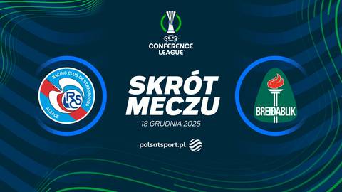 Grafika promująca skr&oacute;t meczu RC Strasbourg - Breidablik w Lidze Konferencji Europy, z datą 18 grudnia 2025 i logo Polsat Sport.