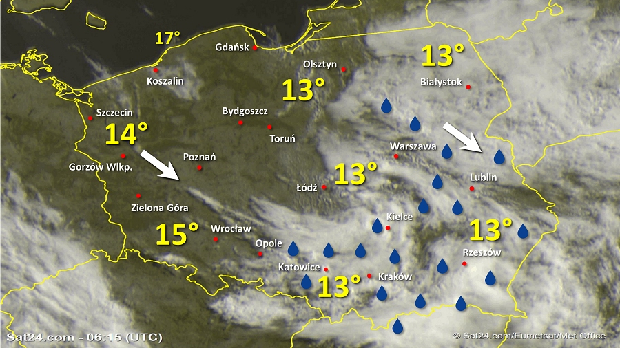 Zdjęcie satelitarne Polski w dniu 11 lipca 2019 o godzinie 8:15. Dane: Sat24.com / Eumetsat.