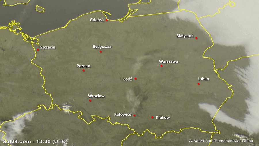 Zdjęcie satelitarne Polski w dniu 6 listopada 2018 o godzinie 14:30. Dane: Sat24.com / Eumetsat.