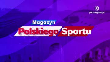 Grafika z napisem "Magazyn Polskiego Sportu" w kolorach biało-czerwonym i czerwono-białym, na tle falujących niebiesko-fioletowych pas&oacute;w. W prawym g&oacute;rnym rogu logo Polsatu Sport.