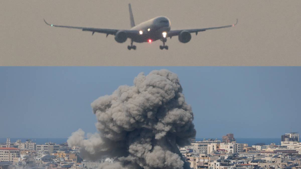 Widok z lotu ptaka na miasto, nad kt&oacute;rym unosi się olbrzymi słup dymu po eksplozji. Powyżej miasta, w tle, widać zbliżający się do lądowania samolot pasażerski.