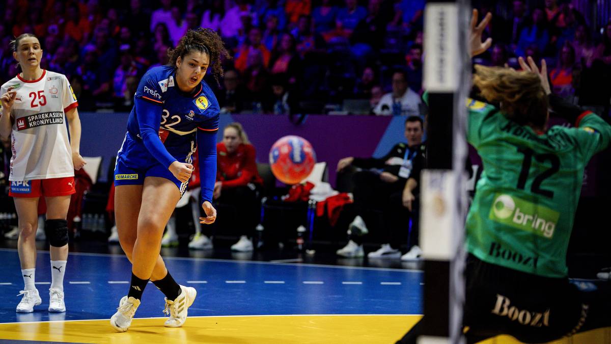 Piłkarka ręczna w niebieskim stroju oddaje rzut do bramki, bronionej przez bramkarza w zielonym stroju.