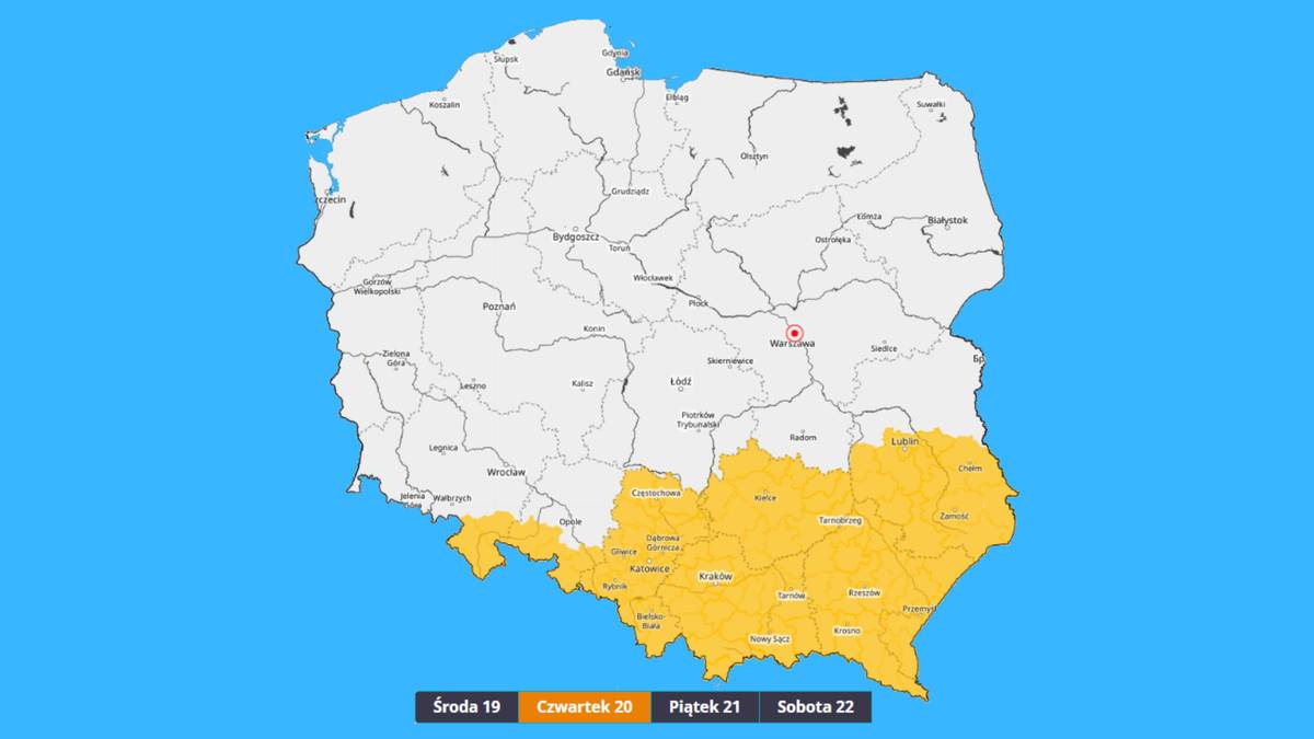 Na czwartek synoptycy IMGW planują wydać ostrzeżenia pierwszego stopnia przed burzami dla południowych województw