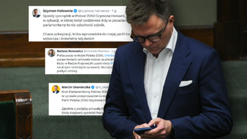 Polityk w garniturze korzysta z telefonu kom&oacute;rkowego, na zdjęciu widoczne są fragmenty wpis&oacute;w z medi&oacute;w społecznościowych dotyczących spor&oacute;w w partii Polska 2050.