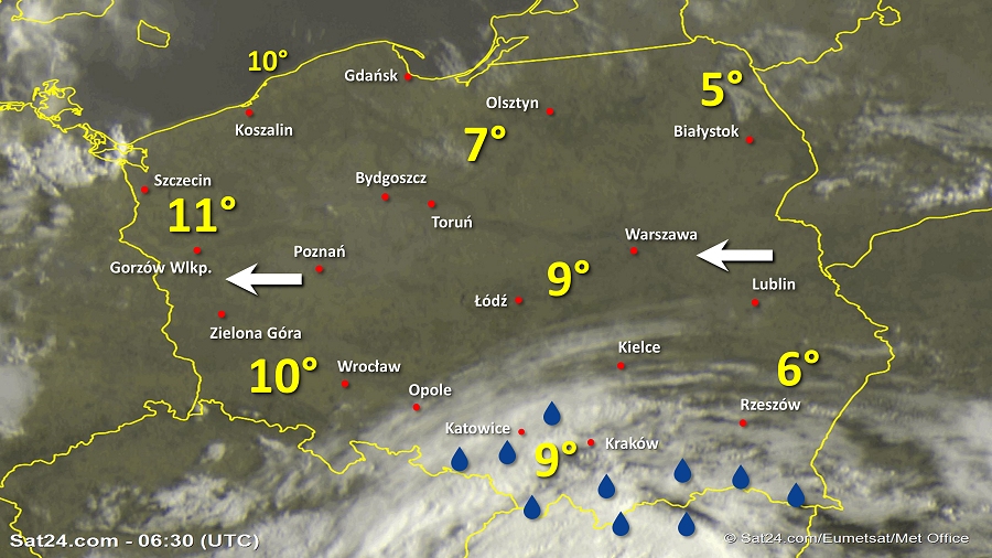 Zdjęcie satelitarne Polski w dniu 6 kwietnia 2019 o godzinie 8:30. Dane: Sat24.com / Eumetsat.