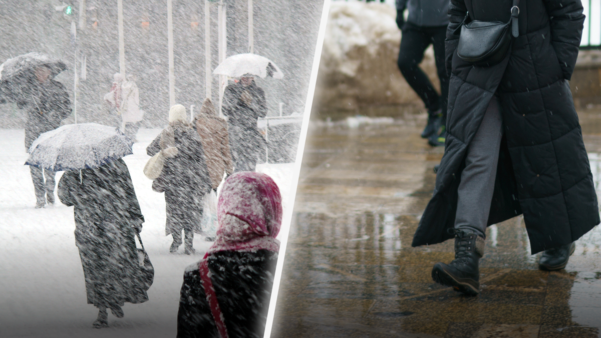 Dwa obrazy przedstawiające zimową pogodę: po lewej intensywne opady śniegu z ludźmi używającymi parasoli, po prawej fragment sylwetki osoby w długim płaszczu idącej po mokrym chodniku.