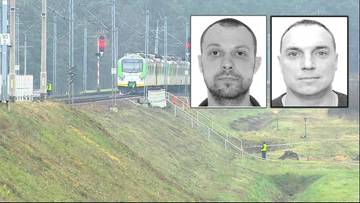 Zdjęcie przedstawia torowisko kolejowe z pociągiem, a w ramkach obok wizerunki dwóch mężczyzn poszukiwanych listem gończym.