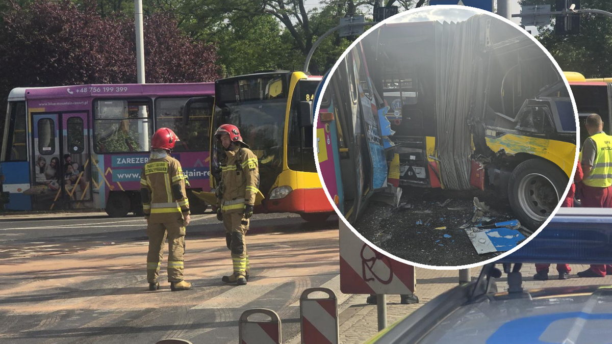 Zderzenie autobusu z tramwajem we Wrocławiu. Kilkanaście osób poszkodowanych
