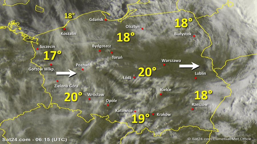 Zdjęcie satelitarne Polski w dniu 22 lipca 2019 o godzinie 8:15. Dane: Sat24.com / Eumetsat.