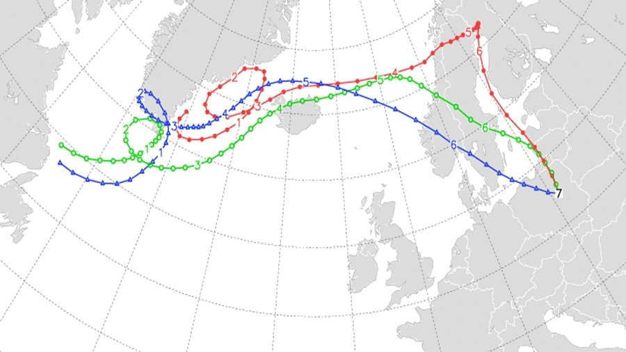 Trajektoria wędrówki masy arktycznej do Polski. Fot. Wetter3.de