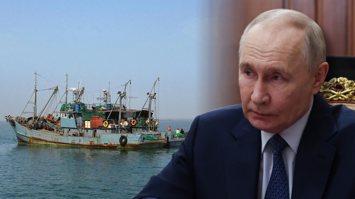 Kolaż przedstawiający rosyjski trawler rybacki na morzu oraz prezydenta Rosji Władimira Putina.
