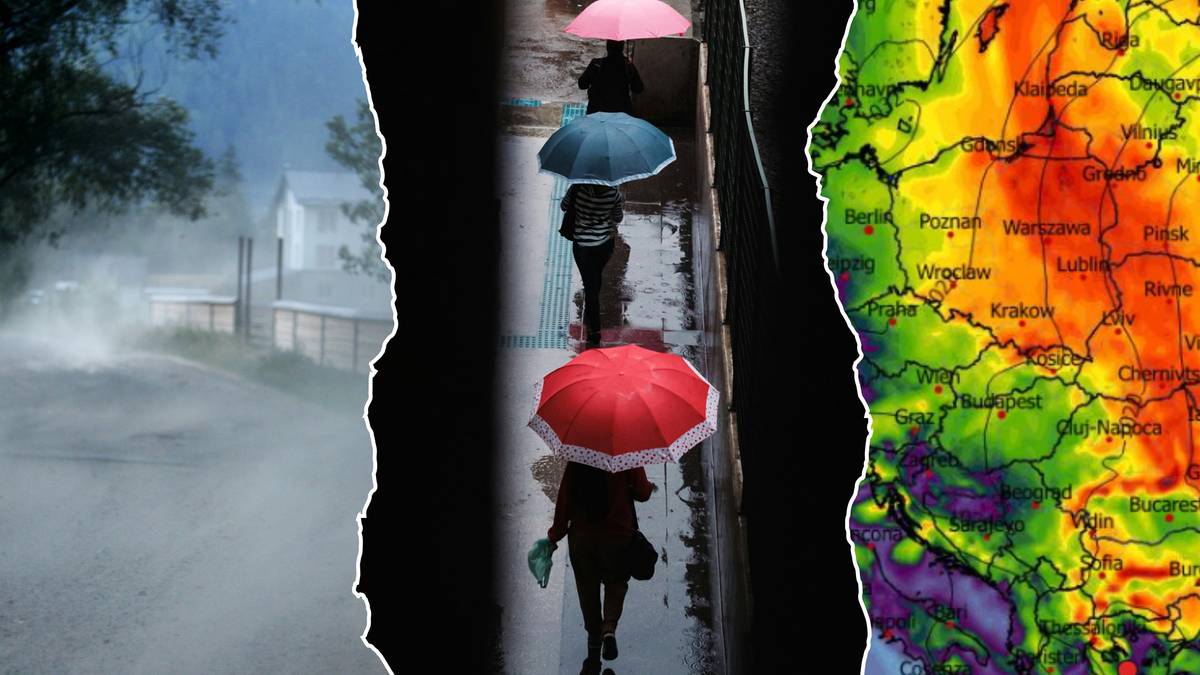 Trzy fragmenty obrazu: silny wiatr i deszcz na drodze, ludzie z parasolami, mapa synoptyczna z kolorami oznaczającymi temperaturę.