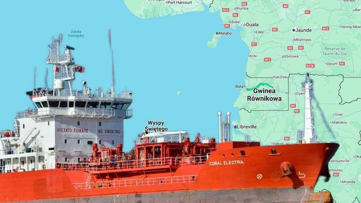 Widok na pomarańczowy statek towarowy na tle mapy zaznaczającej Gwineę Równikową i jej stolicę Malabo.