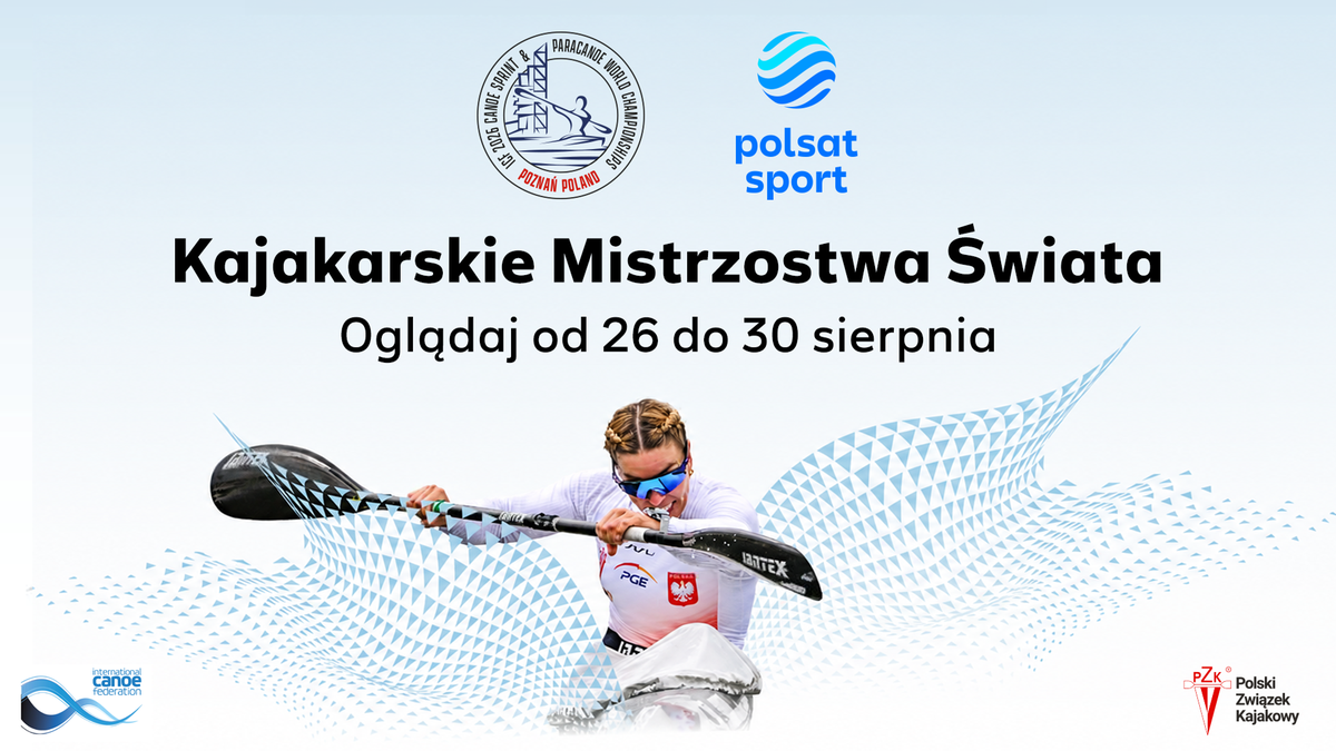 Grafika zapowiadająca kajakarskie mistrzostwa świata w Poznaniu transmitowane w Polsat Sport.