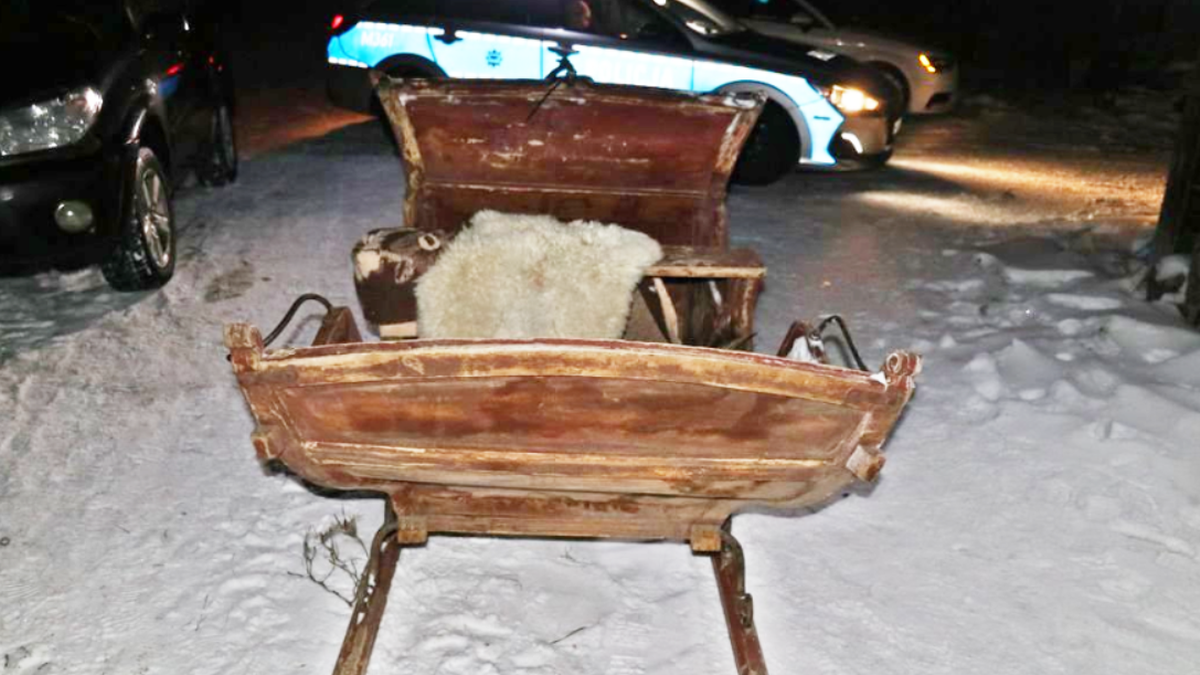 Drewniane sanie z futrzanym siedzeniem na śniegu, obok radiow&oacute;z policyjny.