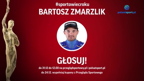Grafika promująca 87. Plebiscyt "Przeglądu Sportowego" i Polsatu. Na czerwonym tle widnieje zdjęcie Bartosza Zmarzlika w czapce z daszkiem. Obok znajduje się złota statuetka. Pod zdjęciem znajduje się napis "GŁOSUJ!" oraz informacje o sposobie głosowania.