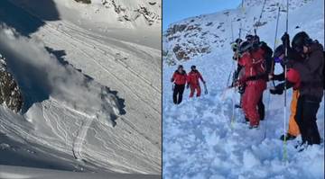 Dwa zdjęcia przedstawiające lawinę w górach. Lewe zdjęcie ukazuje zsuwającą się masę śniegu ze zbocza góry, z widocznymi śladami narciarskimi. Prawe zdjęcie pokazuje grupę ratowników w strojach zimowych, przygotowujących się do akcji w zasypanym śniegiem terenie.