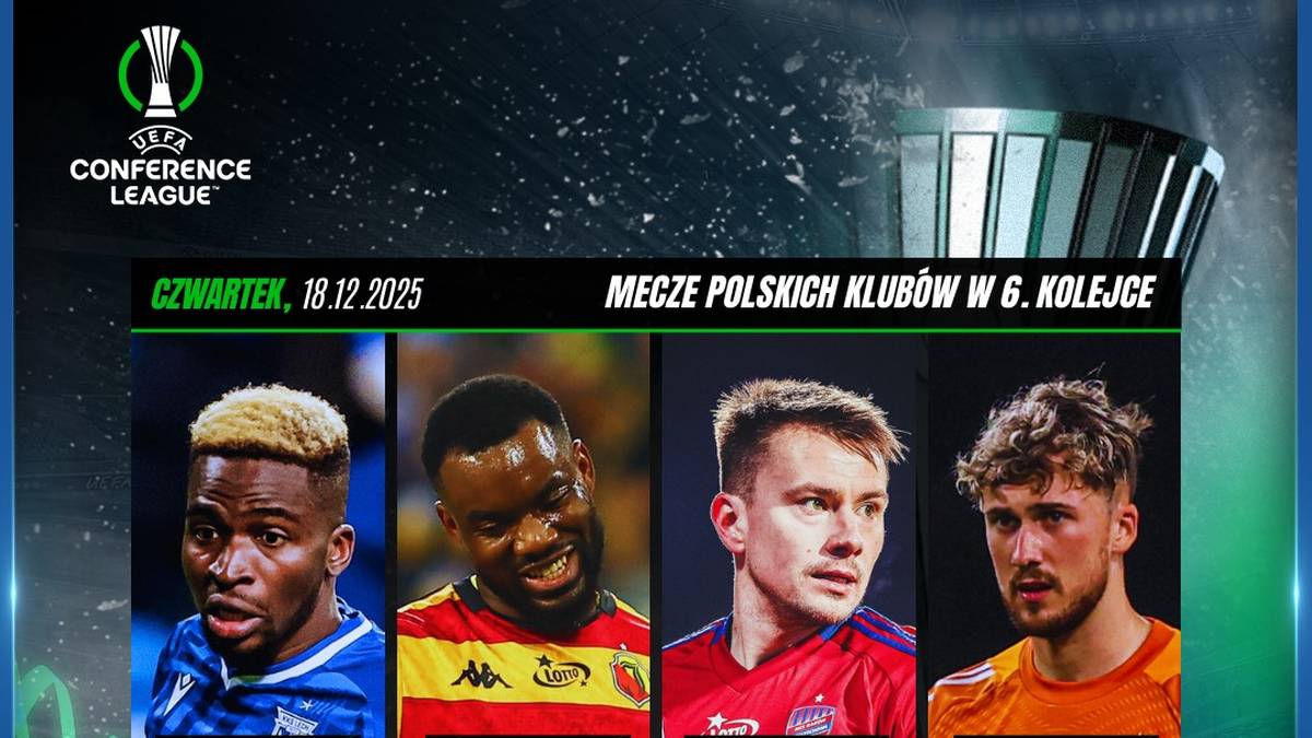 Grafika prezentująca cztery mecze polskich klubów w Lidze Konferencji UEFA: Lech Poznań vs. Villarreal, Raków Częstochowa vs. Sturm Graz, Jagiellonia Białystok vs. Gent, Legia Warszawa vs. Aston Villa.