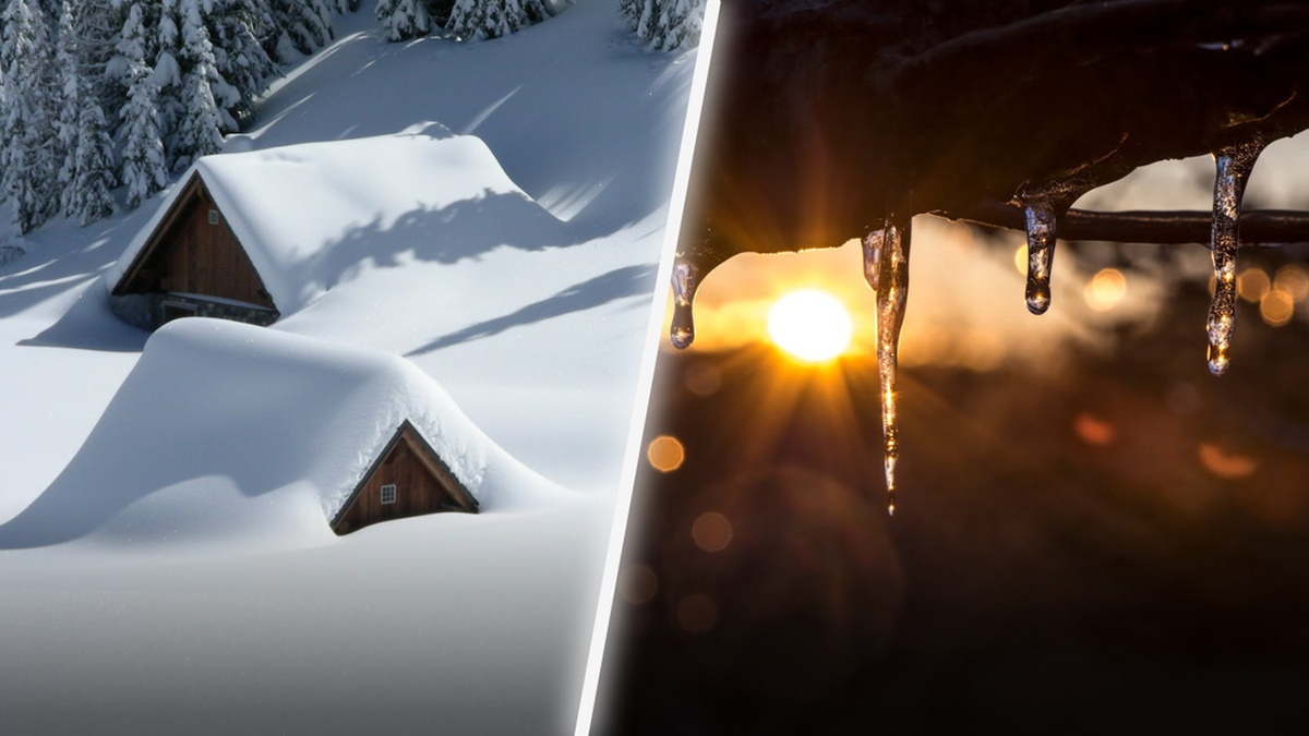 Kontrast między zimowym krajobrazem ze śniegiem a topniejącym lodem z zachodzącym słońcem