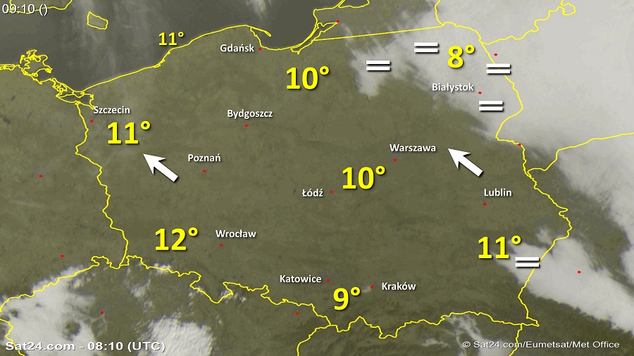 Zdjęcie satelitarne Polski w dniu 6 listopada 2018 o godzinie 9:10. Dane: Sat24.com / Eumetsat.