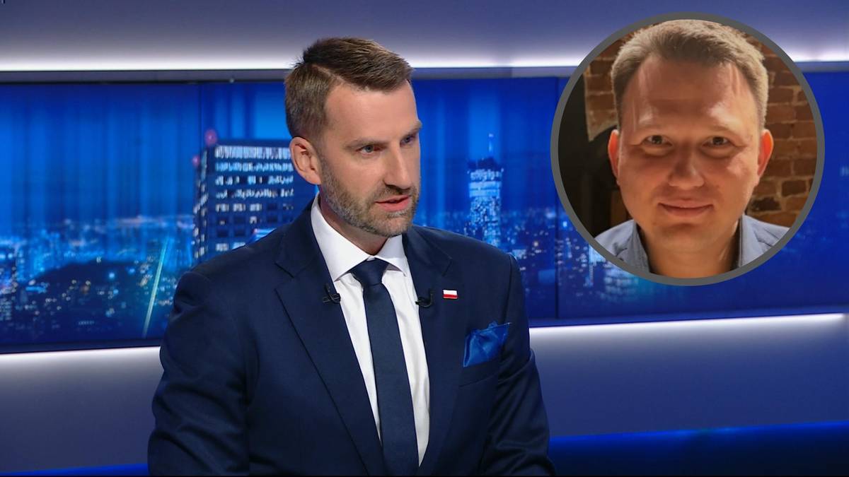 Mężczyzna w garniturze wypowiada się w studio telewizyjnym, w rogu ekranu widać twarz Sławomira Mentzena
