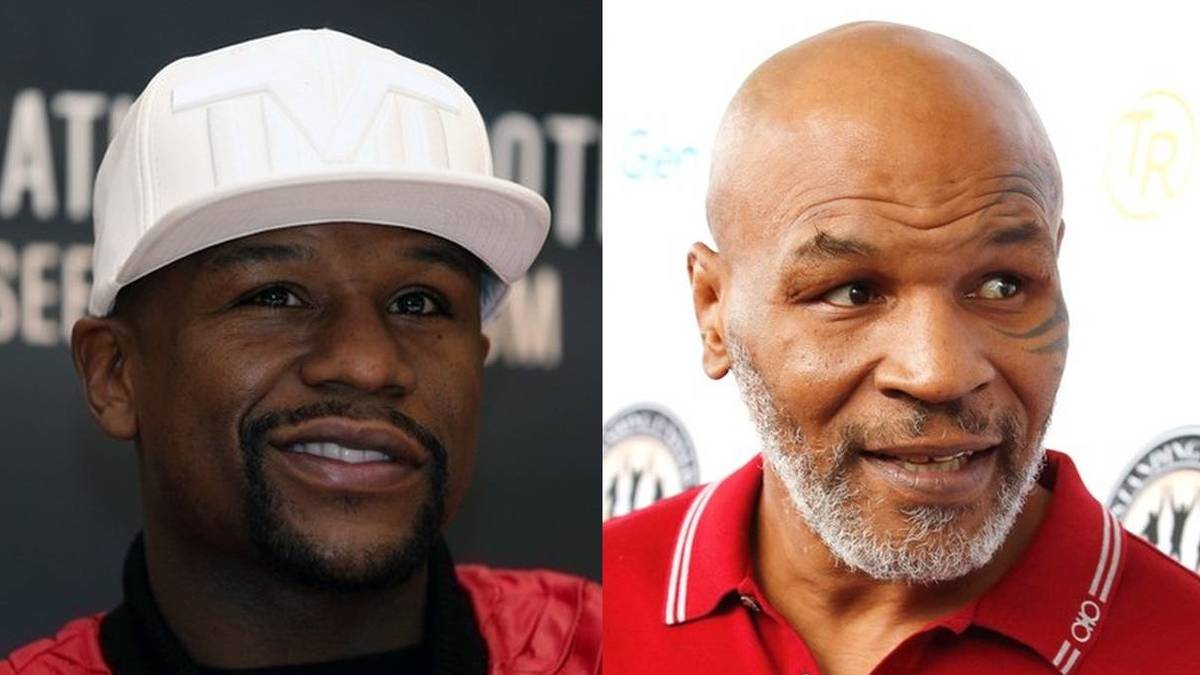 Dwa portrety bokserów, Floyda Mayweathera Jr. (po lewej) i Mike'a Tysona (po prawej).