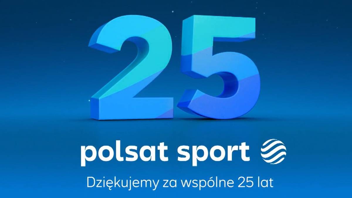 Napis "25" w kolorze niebieskim, obok napis "polsat sport" oraz "Dziękujemy za wspólne 25 lat".