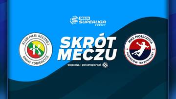 Logo KPR Gminy Kobierzyce i MKS Piotrcovia Piotrk&oacute;w Trybunalski obok napisu SKR&Oacute;T MECZU i logotypu Polsat Sport.