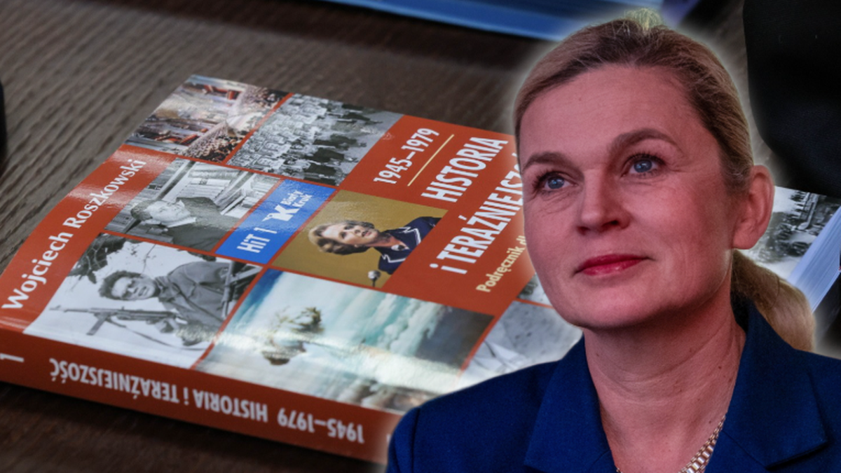 Okładka podręcznika "Historia i Teraźniejszość" autorstwa Wojciecha Roszkowskiego obok portretu Barbary Nowackiej, Minister Edukacji.