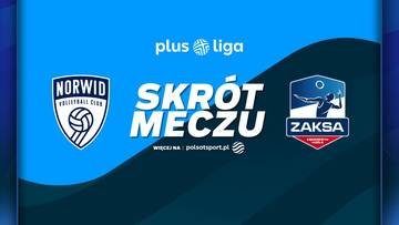 Grafika promująca skrót meczu siatkówki pomiędzy drużynami Norwid Częstochowa a ZAKSA Kędzierzyn-Koźle. Widoczne logotypy obu klubów oraz napis "SKRÓT MECZU".