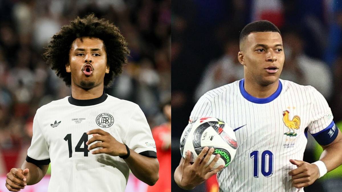 Dwa zdjęcia piłkarzy w dzielonym kadrze. Po lewej zawodnik reprezentacji Niemiec w białej koszulce z numerem 14. Po prawej zawodnik reprezentacji Francji Kylian Mbappé w białej koszulce z numerem 10 i francuskim kogutem na piersi, trzymający piłkę.
