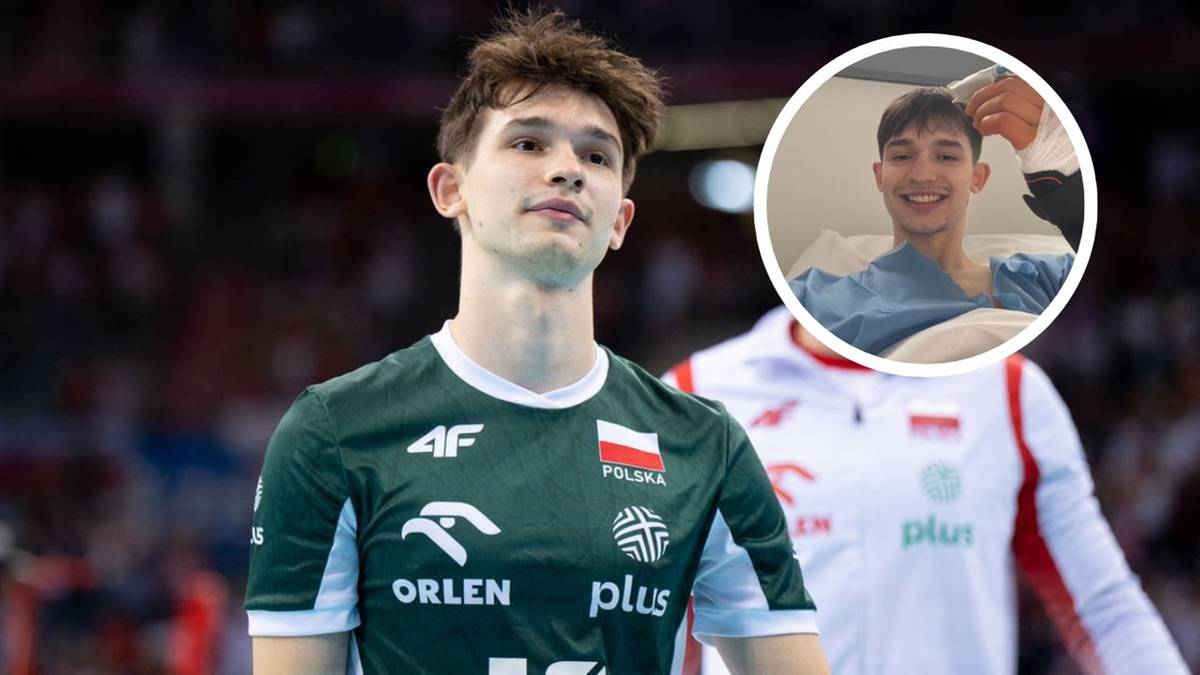 Maksymilian Granieczny, siatkarz reprezentacji Polski, w zielonej koszulce sportowej. W okręgu w prawym górnym rogu widoczny jest jego uśmiechnięty wizerunek po operacji.