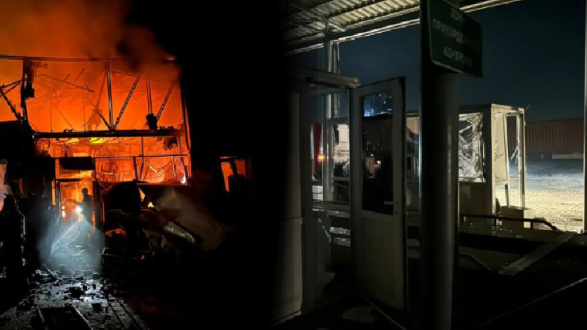 Uszkodzona infrastruktura portowa Orliwka po rosyjskim ataku dronami, widoczne płonące budynki i zniszczone punkty kontrolne.