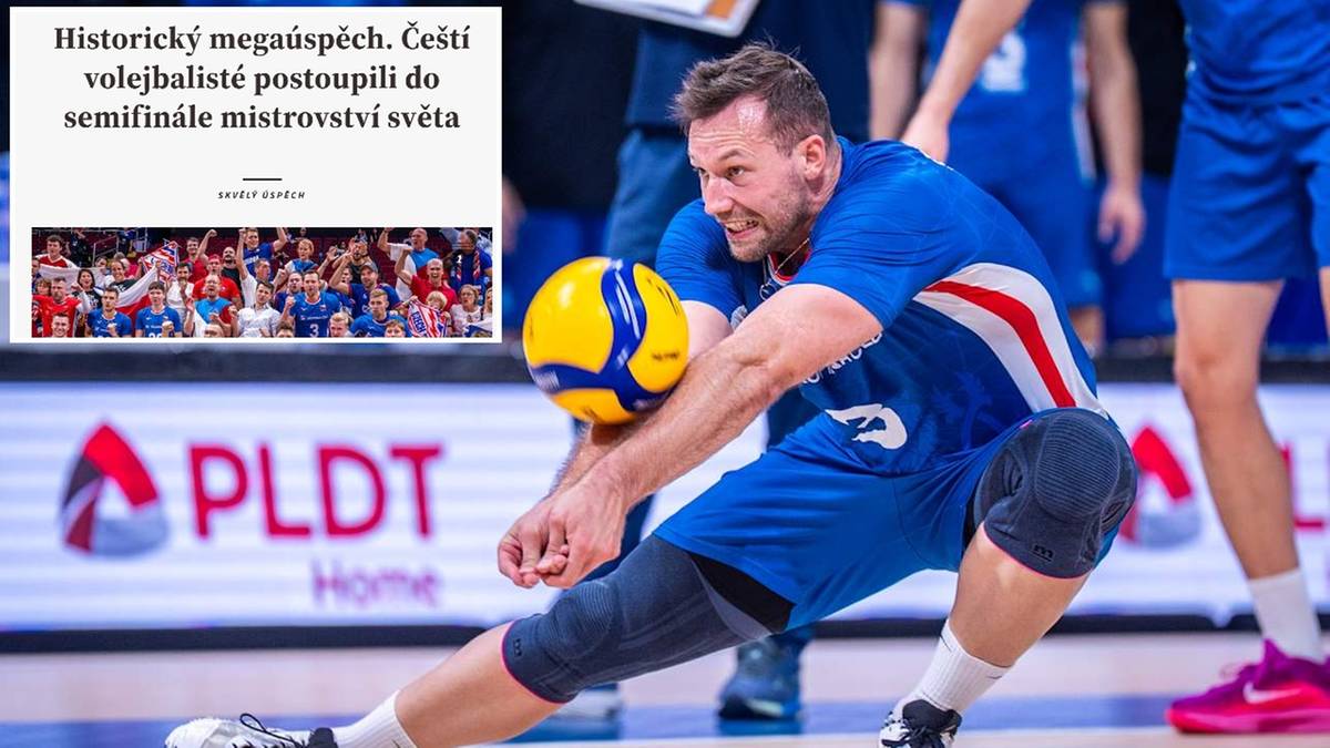 Siatkarz w niebieskiej koszulce w pozycji obronnej z piłką do siatkówki.