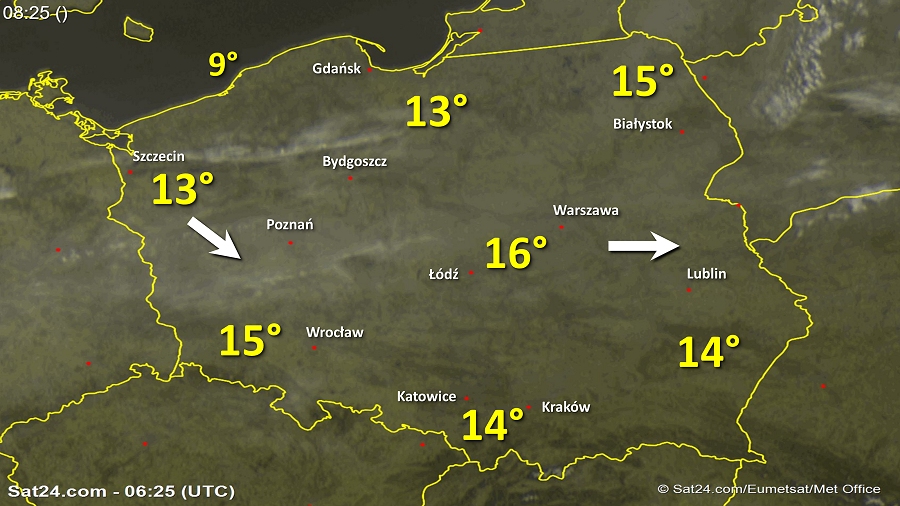 Zdjęcie satelitarne w dniu 21 kwietnia 2018 o godzinie 8:25. Dane: Sat24.com / Eumetsat.