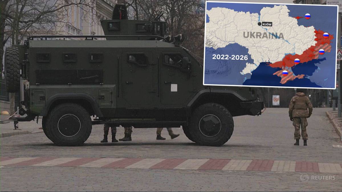 Pojazd opancerzony i mapa Ukrainy z zaznaczonymi terenami objętymi konfliktem.