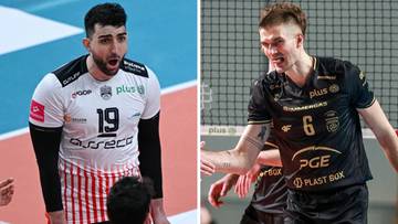 Siatkarz w białej koszulce z numerem 19 po lewej stronie, siatkarz w czarnej koszulce z numerem 6 po prawej stronie.