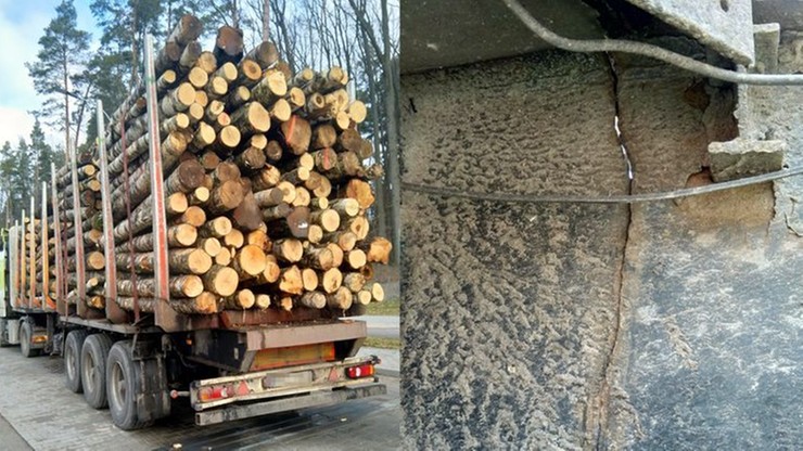 Pęknięta naczepa, a na niej 20 ton drewna