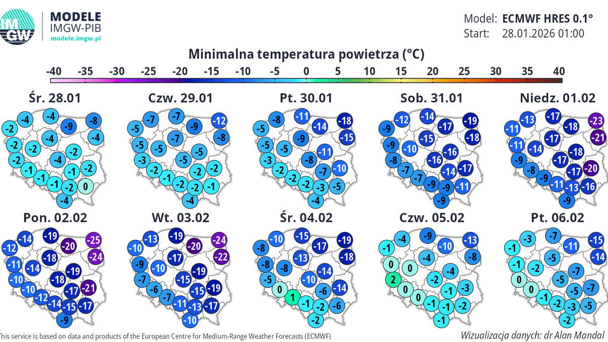 W weekend miejscami w nocy temperatura spadnie nawet do około -25 stopni Celsjusza