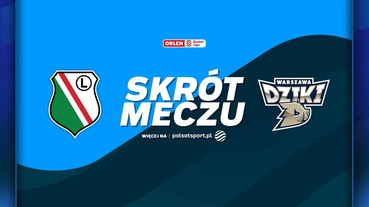 Herb Legii Warszawa i logo Dziki Warszawa obok napisu "SKRÓT MECZU".