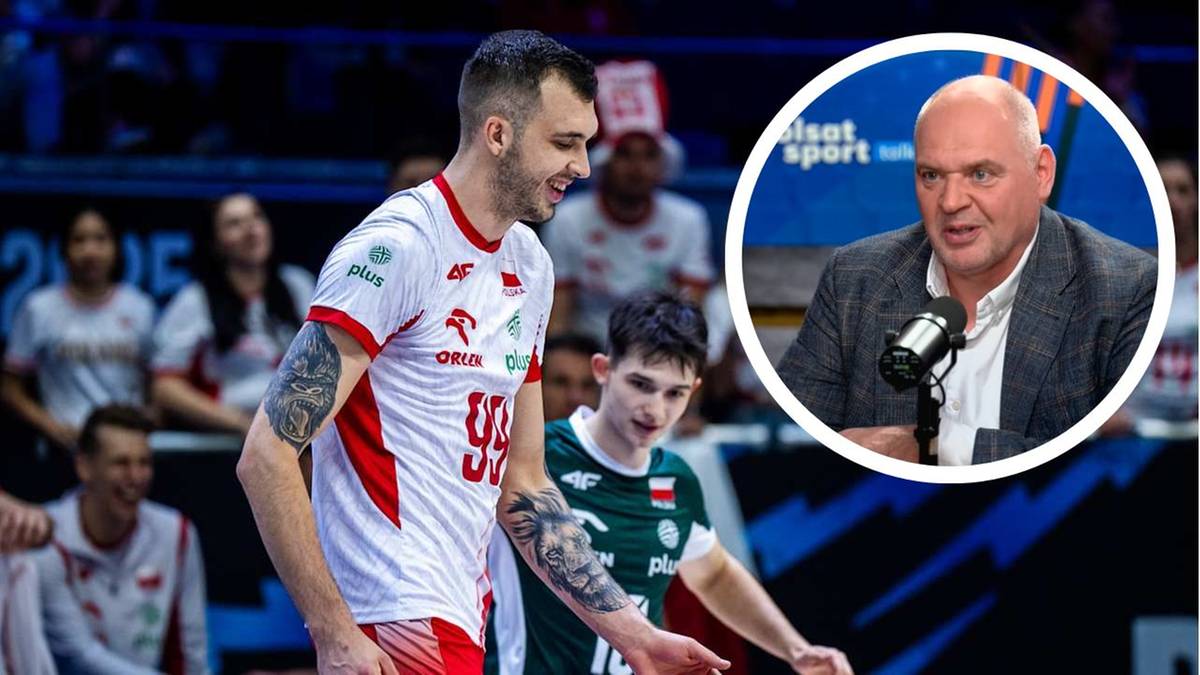 Dwóch siatkarzy w strojach reprezentacji Polski w siatkówce. Jeden z nich, uśmiechnięty, w białej koszulce z czerwonymi elementami i numerem 99, patrzy w bok. W prawym górnym rogu znajduje się okrągłe zdjęcie Grzegorza Krakowskiego, wiceprezesa PZPS-u, który przemawia do mikrofonu.