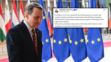 Radosław Sikorski, Minister Spraw Zagranicznych RP, na tle flag Unii Europejskiej.