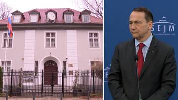 Budynek konsulatu Rosji w Polsce oraz minister spraw zagranicznych Radosław Sikorski.