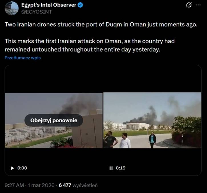 Atak dronów na port w Omanie po ostrzale tankowca Skylight
