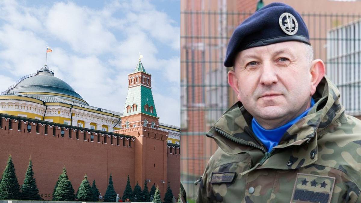 Fragment Kremla i portret rosyjskiego wojskowego.