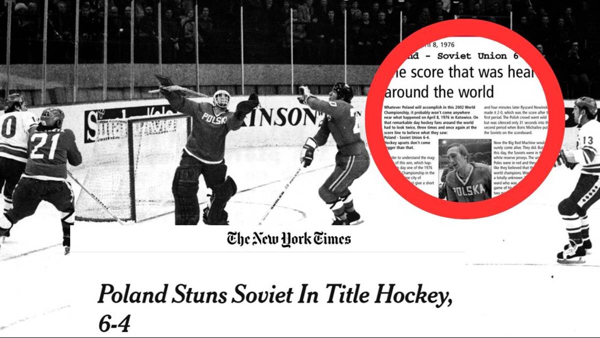 Fragment meczu hokejowego Polska kontra ZSRR, polscy zawodnicy cieszą się z bramki, w tle fragment artykułu prasowego o zwycięstwie Polski 6-4.