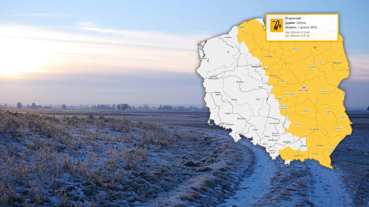 Mapa Polski z zaznaczonymi obszarami objętymi ostrzeżeniem przed przymrozkami.